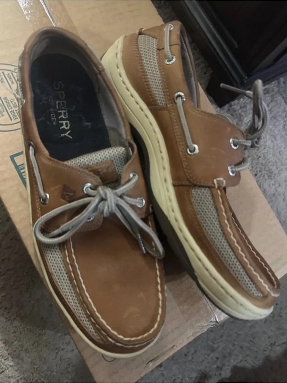 Sperry Tan Leather and Gray Mesh Boat Shoes
